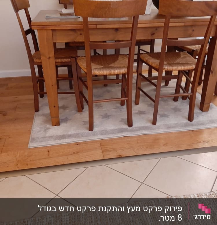רצפת פרקט עץ מתחת לשולחן וכיסאות עץ